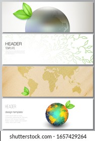 Vector layout of headers, banner design templates for website footer design, horizontal flyer design, website header backgrounds. Save Earth planet concept. Sustainable development global concept.