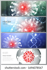 Vector layout of headers, banner design template for website footer, horizontal flyer, website header backgrounds. 3d medical background of corona virus. Covid 19, coronavirus infection. Virus concept