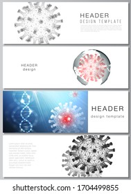 Vector layout of headers, banner design template for website footer, horizontal flyer, website header backgrounds. 3d medical background of corona virus. Covid 19, coronavirus infection. Virus concept