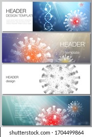 Vector layout of headers, banner design template for website footer, horizontal flyer, website header backgrounds. 3d medical background of corona virus. Covid 19, coronavirus infection. Virus concept