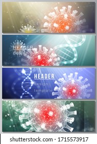 Vector layout of headers, banner design template for website footer, horizontal flyer, website header backgrounds. 3d medical background of corona virus. Covid 19, coronavirus infection. Virus concept