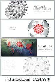 Vector layout of headers, banner design template for website footer, horizontal flyer, website header backgrounds. 3d medical background of corona virus. Covid 19, coronavirus infection. Virus concept