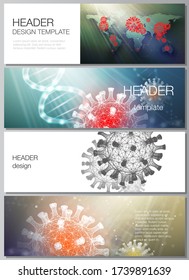 Vector layout of headers, banner design template for website footer, horizontal flyer, website header backgrounds. 3d medical background of corona virus. Covid 19, coronavirus infection. Virus concept