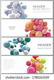 Vector layout of headers, banner design templates for website footer design, horizontal flyer design, website header. Abstract futuristic background with colorful 3d spheres, glossy bubbles, balls.