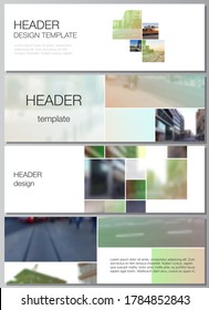 Vector layout of headers, banner design templates for website footer design, horizontal flyer design, website header backgrounds. Abstract project with clipping mask green squares for your photo.