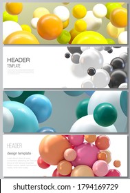 Vector layout of headers, banner design templates for website footer design, horizontal flyer design, website header. Abstract futuristic background with colorful 3d spheres, glossy bubbles, balls
