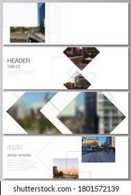 Diseño vectorial de cabeceras, plantillas de diseño de banners con formas geométricas simples, líneas y lugar de foto para el diseño de pie de página web, volante horizontal, fondos de cabecera de sitio web.