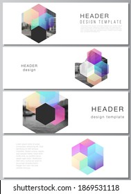 Vector layout of headers, banner design templates with colorful hexagons, geometric shapes, tech background for website footer design, horizontal flyer design, website header backgrounds.