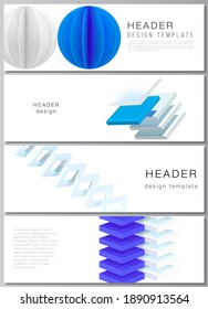 Vector layout of headers, banner templates for website footer design, horizontal flyer design, website header backgrounds. 3d render vector composition with dynamic geometric blue shapes in motion