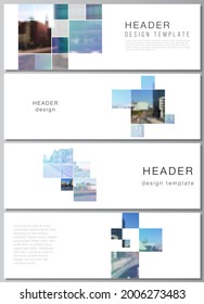 Vector layout of headers, banner templates for website footer design, horizontal flyer design, website header backgrounds. Abstract design project in geometric style with blue squares.