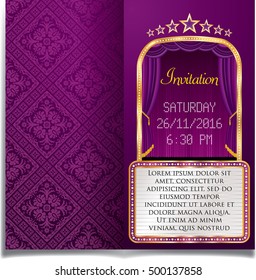 vector layout of invitation card with purple stage curtain and white billboard, flyer background