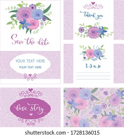 vector layout of invitation cards for a wedding. lettering and floral pattern. pastel shades