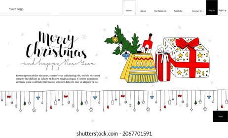 Vector layout, landing page template, homepage with gift boxes, package, tree branch, wine, lettering merry Christmas, New Year, garlands, buttons. It can be used for website design.