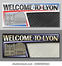 Vector layout for Lyon with copy space, decorative ticket with detailed illustration of famous lyon city scape on day and nighttime sky background, art design tourist card with words welcome to lyon