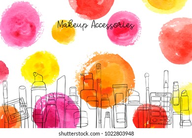 vector layout with makeup accessories and watercolor spots, hand drawn illustration