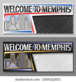 Vector layout for Memphis with copy space, decorative voucher with line illustration of modern memphis city scape on day and dusk sky background, art design tourist card with words welcome to memphis