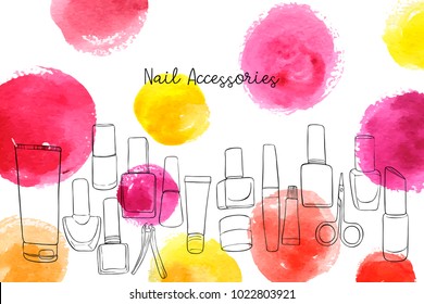vector layout with nail polish accessories and watercolor spots, hand drawn illustration