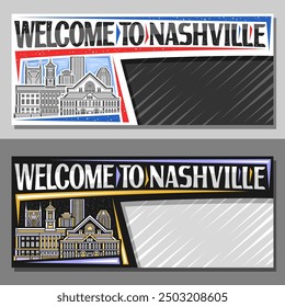 Vector layout for Nashville with copy space, decorative coupon with illustration of famous nashville city scape on day and dusk sky background, art design tourist card with words welcome to nashville