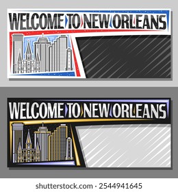 Vector layout for New Orleans with copy space, decorative coupon with line illustration of american city scape on day and dusk sky background, art design tourist card with words welcome to new orleans