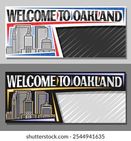 Layout vetorial para Oakland com espaço de cópia, voucher decorativo com ilustração de linha de paisagem urbana de cidade de oakland no dia e ao entardecer fundo do céu, cartão turístico de design de arte com palavras bem-vindo a oakland