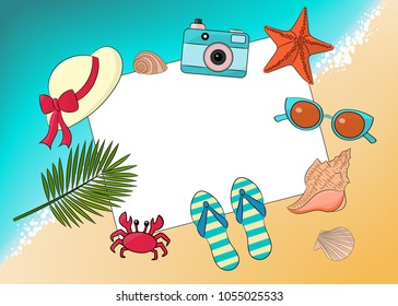 Vector layout on the theme of vacation at sea with copy space: beach slippers, starfish, sheet of paper, shells, palm branch, camera, sunglasses, crab on the beach background, top view