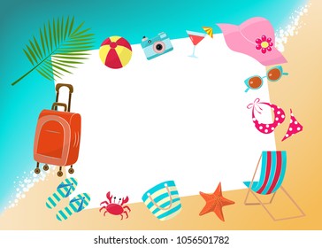 Vector layout on the theme of vacation at sea with copy space: beach slippers, starfish, sheet of paper, shells, palm branch, camera, sunglasses, crab on the beach background, top view