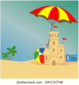 Vector layout on the theme of vacation at sea: sand castle, beach umbrella, radio station with nice music.