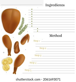 Vector layout, page template for food recipe entries. There is a place for text, ingredients, method, name. Chicken or turkey wings, legs, brisket, rosemary, lemon, slices, chopped, are depicted.