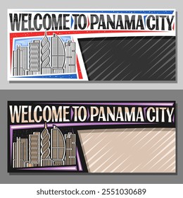 Vector layout for Panama City with copy space, decorative ticket with illustration of urban american cityscape on day and dusk sky background, art design tourist card with words welcome to panama city