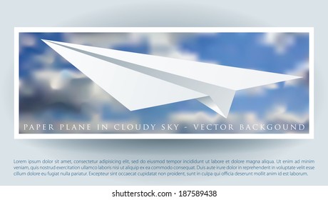 vector layout with paper plane on the cloudy sky 