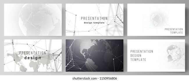 Vector layout of the presentation slides design business templates. Futuristic geometric design with world globe, connecting lines and dots. Global network connections, technology digital concept.