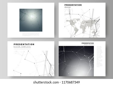 Vector layout of the presentation slides design business templates. Futuristic geometric design with world globe, connecting lines and dots. Global network connections, technology digital concept.