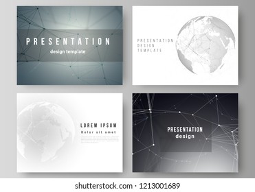 Vector layout of the presentation slides design business templates. Futuristic geometric design with world globe, connecting lines and dots. Global network connections, technology digital concept.