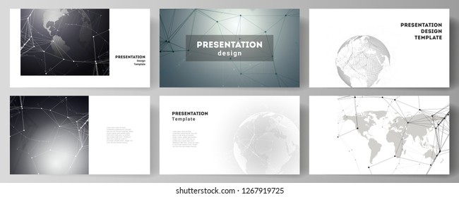 Vector layout of the presentation slides design business templates. Futuristic geometric design with world globe, connecting lines and dots. Global network connections, technology digital concept.