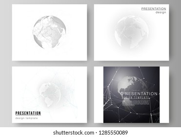 Vector layout of the presentation slides design business templates. Futuristic geometric design with world globe, connecting lines and dots. Global network connections, technology digital concept.
