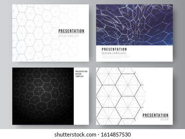 Vector layout of the presentation slides design business templates. Digital technology and big data concept with hexagons, connecting dots and lines, polygonal science medical background.