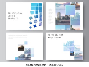 Vector layout of the presentation slides design business templates, multipurpose template for presentation brochure, brochure cover. Abstract design project in geometric style with blue squares.