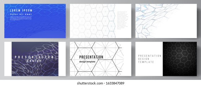 Vector layout of the presentation slides design business templates. Digital technology and big data concept with hexagons, connecting dots and lines, polygonal science medical background.