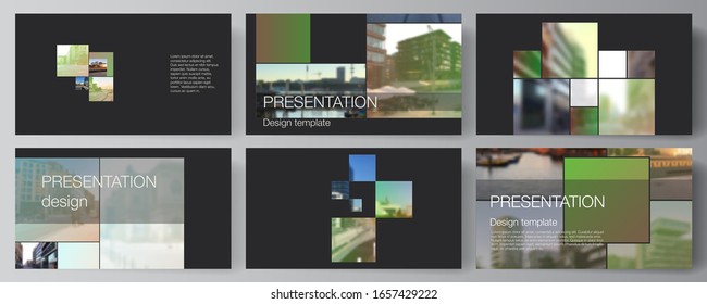 Vector layout of the presentation slides design business templates, multipurpose template for presentation brochure, brochure cover. Abstract project with clipping mask green squares for your photo.