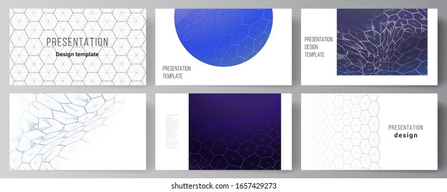 Vector layout of the presentation slides design business templates. Digital technology and big data concept with hexagons, connecting dots and lines, polygonal science medical background.