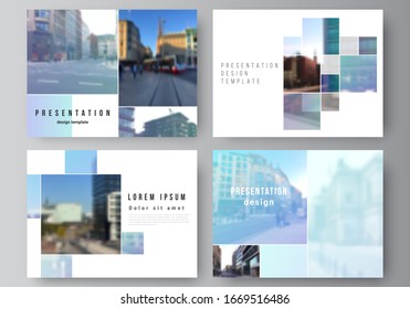 Vector layout of the presentation slides design business templates, multipurpose template for presentation brochure, brochure cover. Abstract design project in geometric style with blue squares.