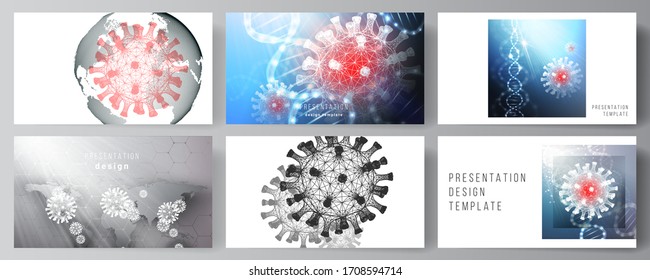 Vector layout of the presentation slides design business templates, multipurpose template for presentation report. 3d medical background of corona virus. Covid 19, coronavirus infection. Virus concept