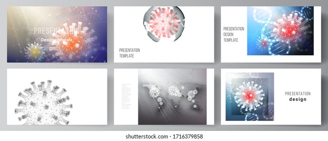 Vector layout of the presentation slides design business templates, multipurpose template for presentation report. 3d medical background of corona virus. Covid 19, coronavirus infection. Virus concept