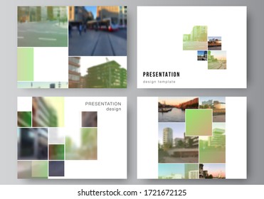 Vector layout of the presentation slides design business templates, multipurpose template for presentation brochure, brochure cover. Abstract project with clipping mask green squares for your photo.