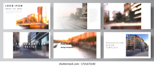 Vector layout of the presentation slides design business templates, multipurpose template for presentation brochure, brochure cover. Halftone effect decoration with dots. Dotted pattern decoration.