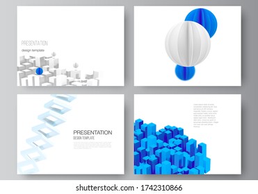 Vector layout of presentation slides design templates, template for presentation brochure, brochure cover, business report. 3d render vector composition with dynamic geometric blue shapes in motion.