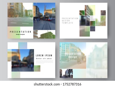 Vector layout of the presentation slides design business templates, multipurpose template for presentation brochure, brochure cover. Abstract project with clipping mask green squares for your photo.