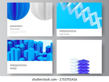 Vector layout of presentation slides design templates, template for presentation brochure, brochure cover, business report. 3d render vector composition with dynamic geometric blue shapes in motion.