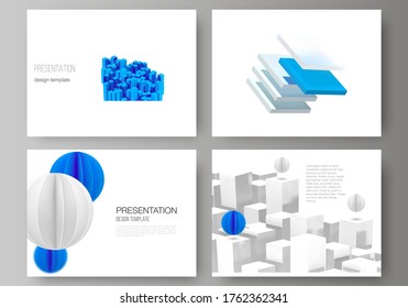 Vector layout of presentation slides design templates, template for presentation brochure, brochure cover, business report. 3d render vector composition with dynamic geometric blue shapes in motion.