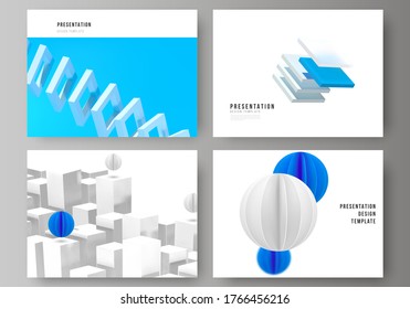 Vector layout of presentation slides design templates, template for presentation brochure, brochure cover, business report. 3d render vector composition with dynamic geometric blue shapes in motion.
